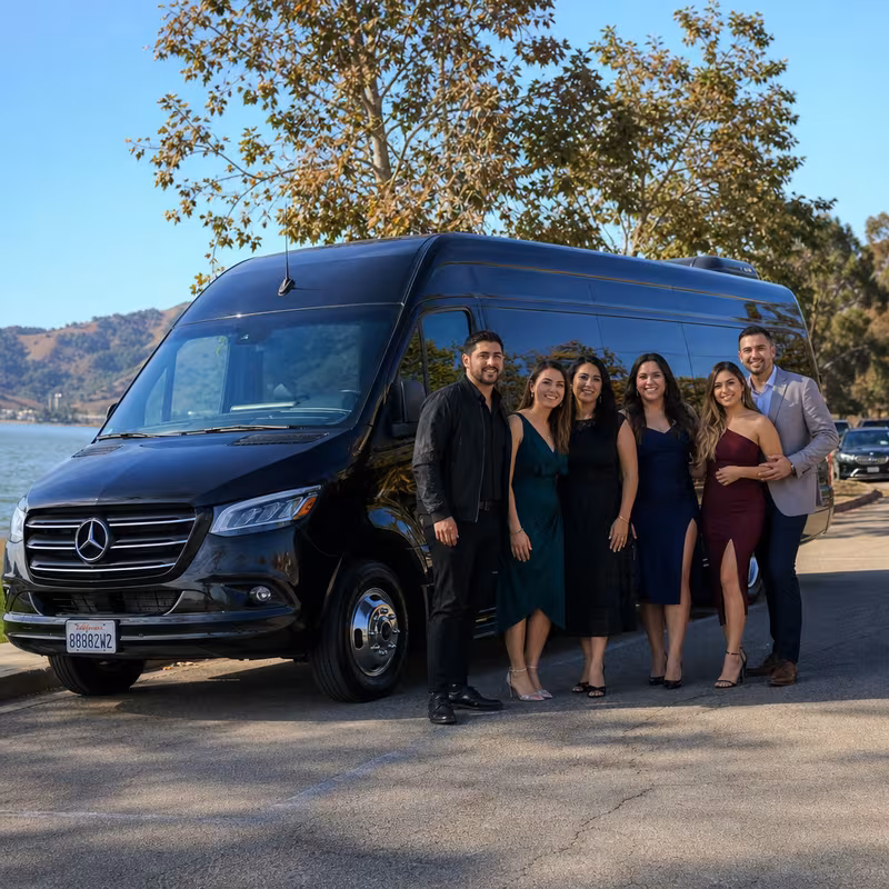 Group beside a Mercedes Sprinter limo from the Fremont fleet
