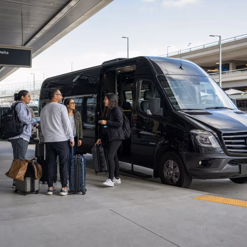 Group boarding a white charter bus for Airport Transportation transportation in Fremont