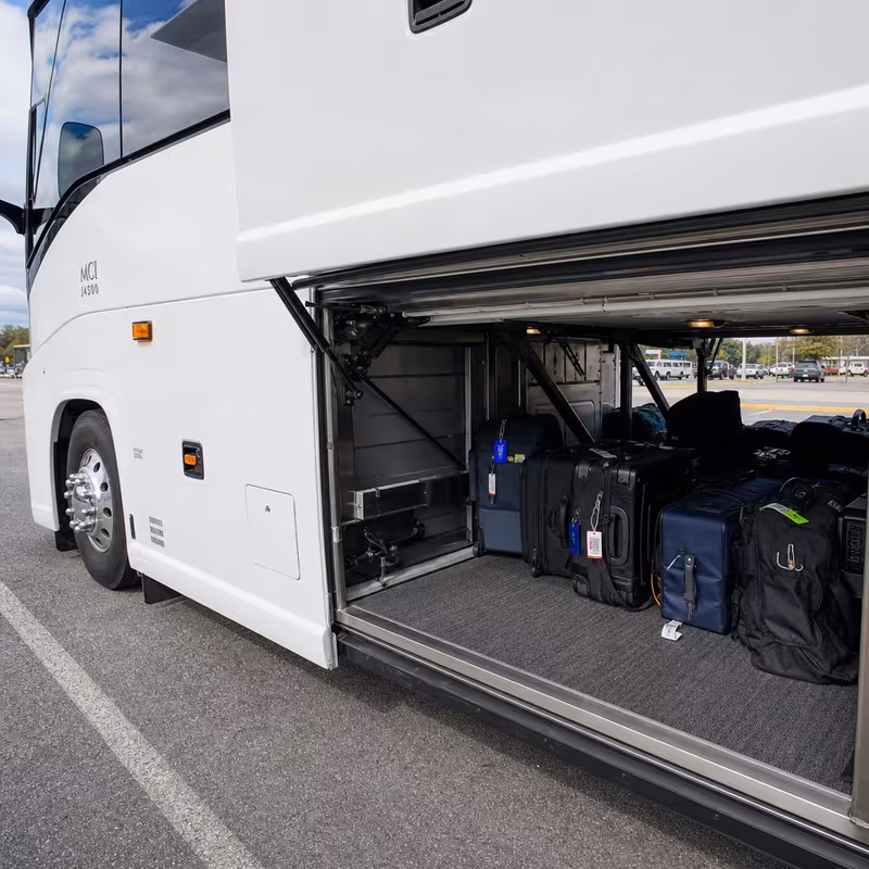 Party bus interior with wraparound leather seating and LED lighting in Fremont
