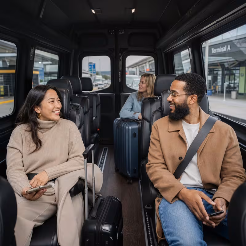 Passengers loading luggage while boarding an Fremont group shuttle