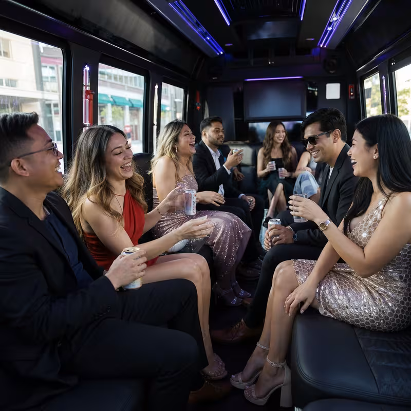 Party bus interior with wraparound leather seating and LED lighting in Fremont
