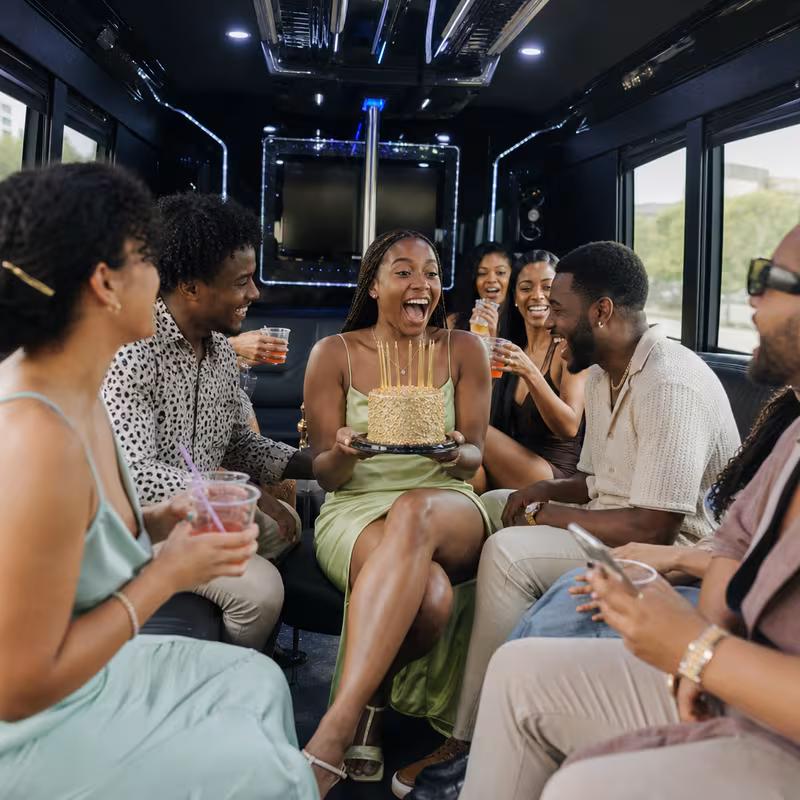 Black Mercedes Sprinter van staged for an Fremont Birthday Transportation group