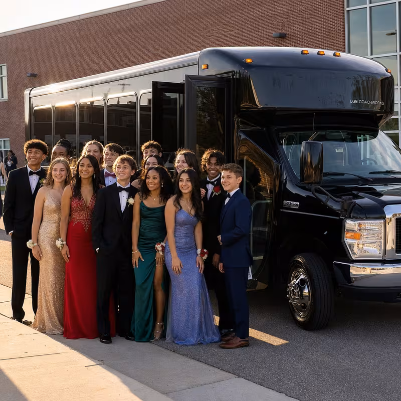 Group boarding a white charter bus for Prom & Homecoming Transportation transportation in Fremont