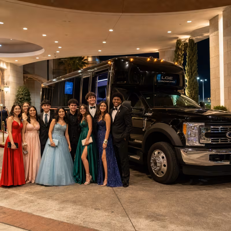 Party bus interior with wraparound leather seating and LED lighting in Fremont