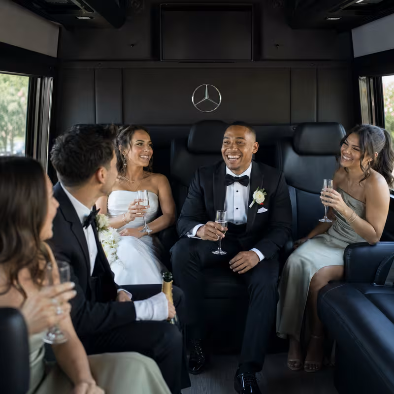Black Mercedes Sprinter van staged for an Fremont Wedding Transportation group
